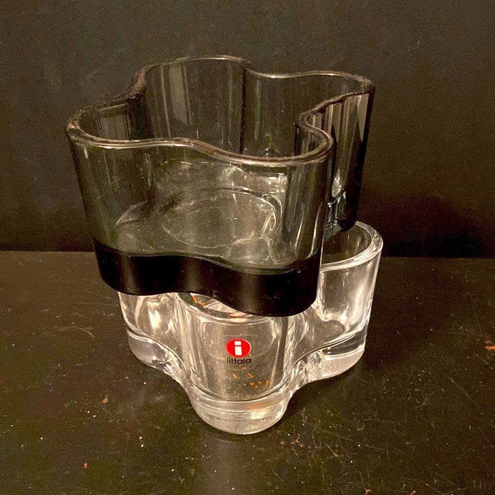 Littala Set of 2 Feeform Clear/ Smoky Art Glass Votive Candle Holders Finland